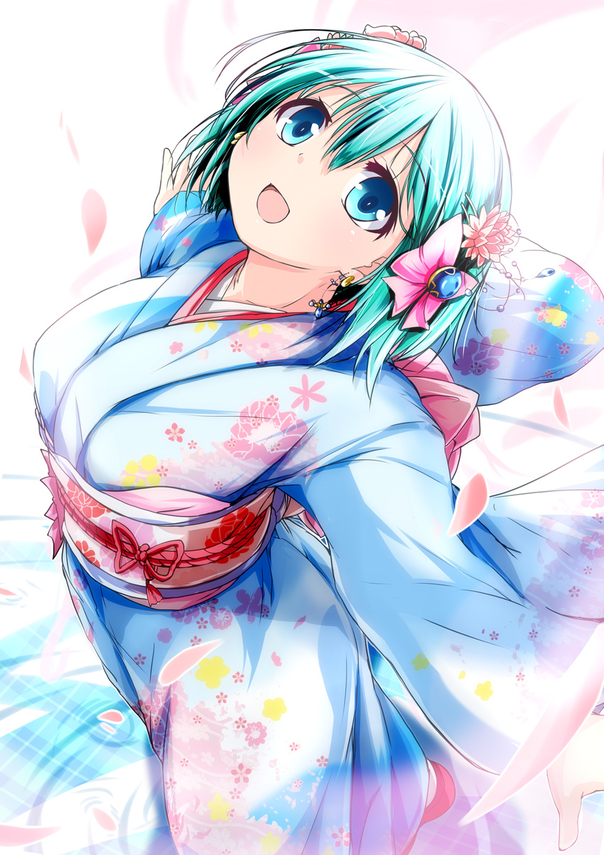 :d aqua_eyes aqua_hair bow breasts commentary_request divine_gate female flower from_above hair_flower hair_ornament hairbow highres japanese_clothes kimono looking_at_viewer looking_up medium_breasts nanaume_(shichimi_tougarashi) obi open_mouth outstretched_arms petals sash short_hair smile solo spread_arms vivian_(divine_gate) yukata