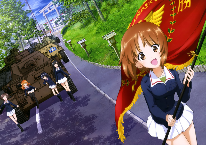 5girls absurdres akiyama_yukari black_hair black_socks black_thighhighs brown_eyes brown_hair char_b1 collarbone day emblem flag girls_und_panzer hairband highres holding isuzu_hana jagdpanzer_38(t) long_hair m3_lee military military_uniform military_vehicle motor_vehicle multiple_girls nishizumi_miho official_art ooarai_(emblem) ooarai_military_uniform open_mouth orange_hair outdoors panzer_iv pleated_skirt reizei_mako short_hair sitting skirt socks sturmgeschutz_iii takebe_saori tank thighhighs tiger_(p) torii tree type_3_chi-nu type_89_i-gou uniform white_hairband white_skirt