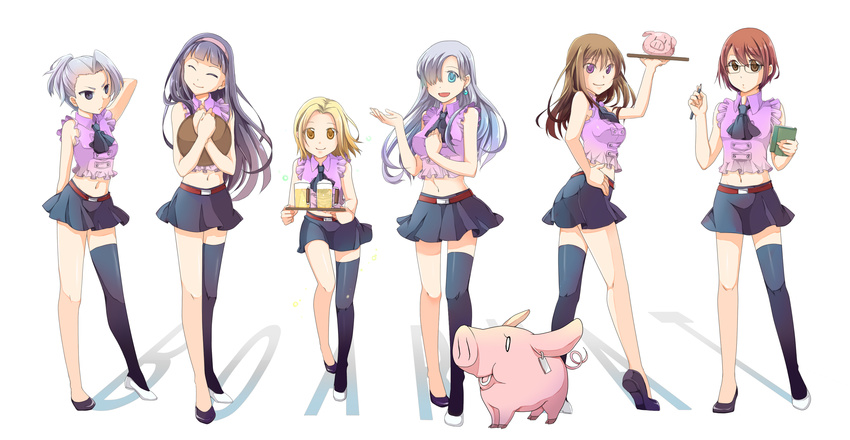 1boy 5girls aira_(exp) alcohol alternate_hair_color androgynous animal asymmetrical_clothes asymmetrical_footwear beer belt black_hair black_skirt blonde_hair blue_eyes brown_eyes brown_hair closed_eyes commentary_request cosplay crop_top crossdressing diane_(nanatsu_no_taizai) earrings elaine elizabeth_liones elizabeth_liones_(cosplay) expressionless frills glasses gowther grey_hair guila hair_ornament hair_over_eyes hair_over_one_eye hairband happy hawk_(nanatsu_no_taizai) highres jericho_(nanatsu_no_taizai) jewelry long_hair looking_at_viewer midriff mismatched_footwear multiple_girls nanatsu_no_taizai navel otoko_no_ko pencil pig ponytail pose purple_eyes purple_shirt shirt shoes short_hair simple_background single_thighhigh skirt smile standing thighhighs thighs waitress white_background yellow_eyes