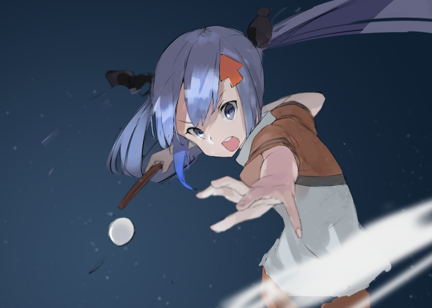 bad_id bad_twitter_id ball blue_eyes blue_hair blurry commentary_request depth_of_field directional_arrow_hair_ornament female hair_ornament holding holding_paddle kamiya_agari long_hair open_mouth paddle pikumin round_teeth shakunetsu_no_takkyuu_musume solo standing table_tennis_ball table_tennis_paddle teeth twintails v-shaped_eyebrows