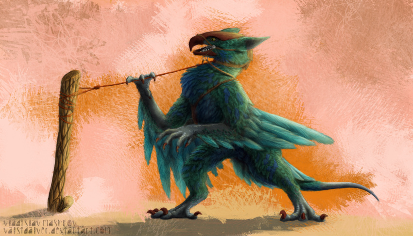 2018 4_toes ambiguous_gender avian beak black_eyes blue_body blue_feathers claws digital_media_(artwork) falcrus feathered_wings feathers feet feral front_view grey_body grey_skin gryphon harness hi_res leash mythological_avian mythological_creature mythology o-ring pink_background pupils quadruped red_beak red_claws ring_(hardware) sharp_teeth simple_background slit_pupils solo standing teal_body teal_feathers teeth text toe_claws toes url winged_arms wings yellow_sclera