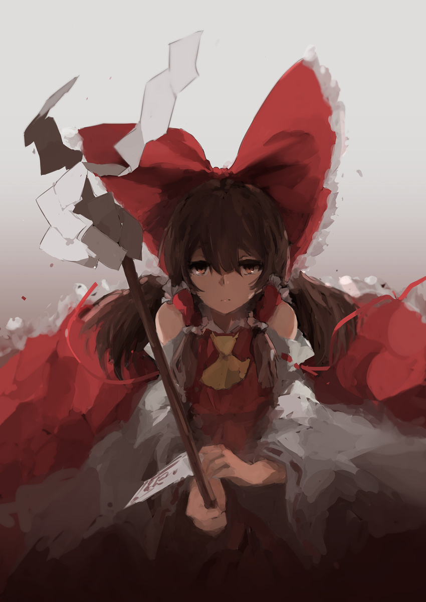 ascot bad_id bad_pixiv_id bow detached_sleeves female gohei hair_tubes hairbow hakurei_reimu highres ofuda red_bow red_eyes solo talisman touhou unitsu upper_body wide_sleeves