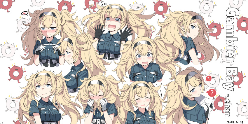 :d ? bad_id bad_pixiv_id blonde_hair blue_eyes blue_shirt blush breast_pocket breasts character_name closed_eyes cnm collared_shirt commentary covering_own_mouth crying crying_with_eyes_open dated embarrassed enemy_lifebuoy_(kancolle) expressions female fingers_together gambier_bay_(kancolle) gloves hair_between_eyes hairband hands_up highres holding holding_map holding_own_hair index_fingers_together kantai_collection long_hair looking_at_viewer lost_child map medium_breasts multiple_views open_mouth parted_lips pocket scared shirt short_sleeves sidelocks smile spoken_question_mark surprised tears twintails