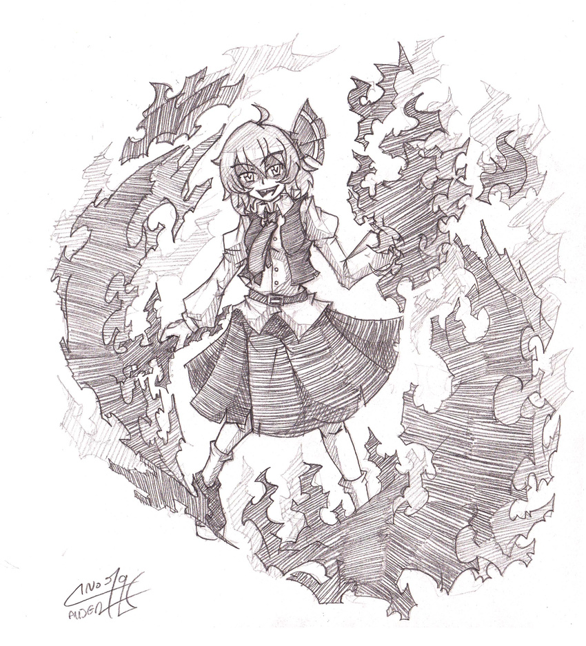 :d absurdres belt commentary_request female graphite_(medium) greyscale hair_ribbon highres looking_at_viewer monochrome necktie open_mouth photoshop_(medium) ribbon rumia shirt shoes short_hair signature skirt smile socks sogin solo touhou traditional_media vest