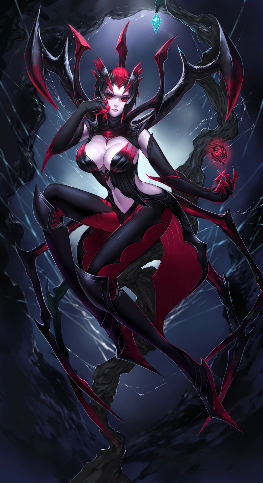 arthropod_girl black_gloves breasts chinese_commentary citemer claws cleavage colored_skin commentary_request elise_(league_of_legends) female gloves highres large_breasts league_of_legends long_legs navel photoshop_(medium) red_eyes silk smile solo spider_girl spider_web white_skin