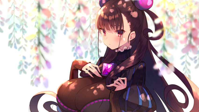 black_dress blush breasts brown_hair closed_mouth commentary_request cone_hair_bun double_bun dress fate/grand_order fate_(series) female flower frilled_shirt_collar frills hair_between_eyes hair_bun hair_ornament highres large_breasts long_hair looking_at_viewer murasaki_shikibu_(fate) murasaki_shikibu_(kimi_no_tame_nara_shineru) pink_flower puffy_sleeves red_eyes simple_background solo sunlight usamata very_long_hair