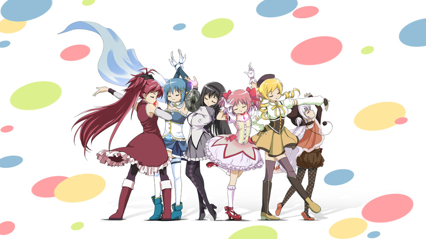 akemi_homura beret black_hair black_legwear blonde_hair blue_eyes blue_hair boots capelet corset dress drill_hair fingerless_gloves full_body gloves grey_skirt hat highres kaname_madoka long_hair magical_girl mahou_shoujo_madoka_magica mahou_shoujo_madoka_magica_movie miki_sayaka momoe_nagisa multiple_girls pantyhose pink_dress pink_eyes pink_hair purple_eyes red_dress red_eyes red_hair sakura_kyouko simple_background skirt standing suika_(swimy0pe0u_u0s) thighhighs tomoe_mami twin_drills twintails white_background yellow_dress yellow_skirt