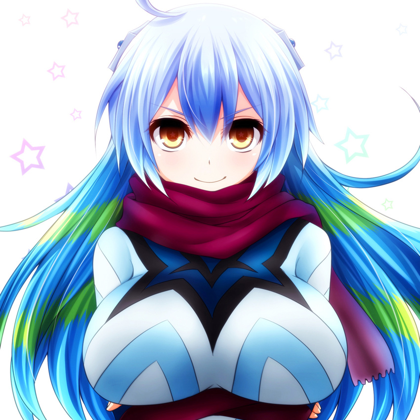 ahoge blue_hair breasts commentary_request crossed_arms female green_hair guts_seijin hair_ornament highres large_breasts long_hair looking_at_viewer multicolored_hair orange_eyes photoshop_(medium) red_scarf scarf smile smug solo star-shaped_pupils star_(symbol) streaked_hair symbol-shaped_pupils ultra_kaijuu_gijinka_keikaku ultra_series ultraseven_(series) upper_body watarui