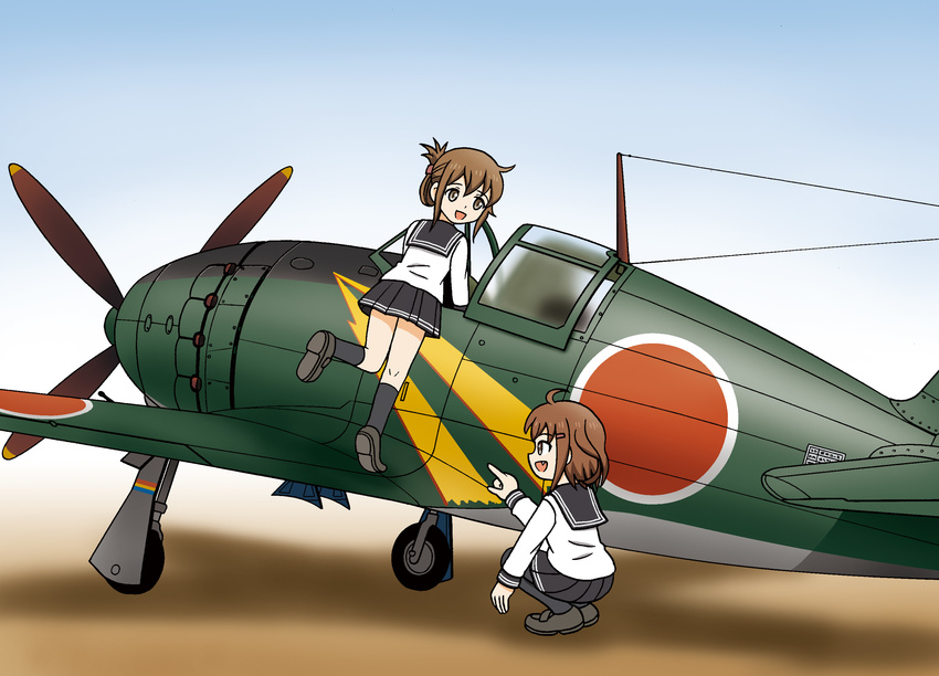 2girls :d aircraft airplane brown_eyes brown_hair commentary_request folded_ponytail hair_ornament hairclip highres hoshino_banchou ikazuchi_(kancolle) inazuma_(kancolle) j2m_raiden kantai_collection multiple_girls name_connection open_mouth photoshop_(medium) pleated_skirt school_uniform serafuku short_hair skirt smile squatting vehicle_focus