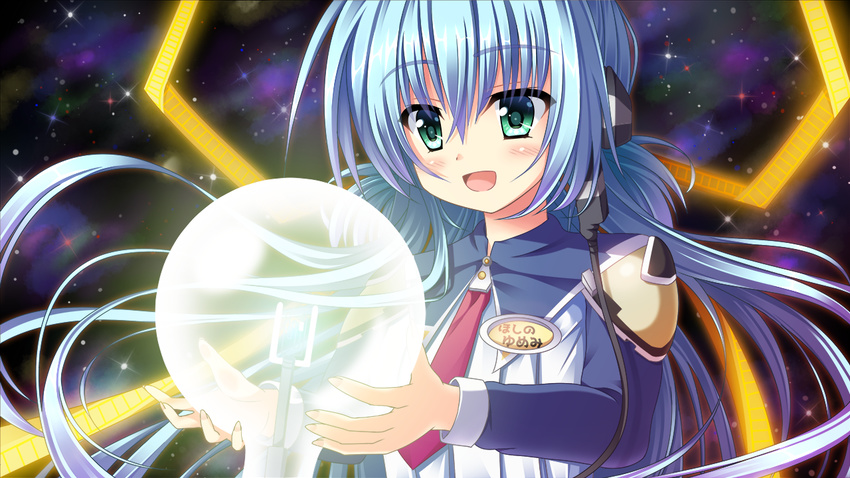 :d blue_hair blush commentary_request female green_eyes hoshino_yumemi light_bulb long_hair name_tag nanakiri_(izakaya_nanana) open_mouth planetarian smile solo twintails