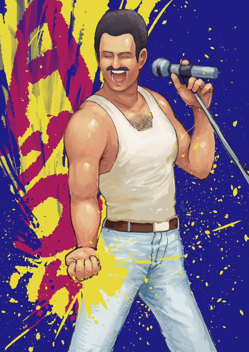 1boy absurdres belt black_hair chanta_(ayatakaoisii) chest_hair clenched_hand commentary_request denim facial_hair freddie_mercury highres holding holding_microphone holding_microphone_stand jeans male_focus microphone microphone_stand moustache muscular music open_clothes open_mouth paint_splatter pants queen_(band) rock_(music) singing solo tank_top teeth