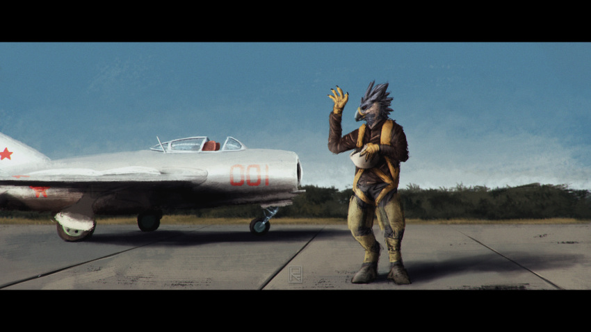 16:9 2018 4_fingers aircraft airplane anthro armor artist_logo avian beak biped bird black_bars black_beak black_claws black_eyes boots claws clothing digital_media_(artwork) falcon falconid falcrus falcrus_(character) feathers feet fingers footwear front_view gesture grey_body grey_feathers gryphon headgear helmet hi_res jet jumpsuit letterbox logo looking_aside male mig-15 mythological_avian mythological_creature mythology outside peregrine_falcon pilot plant portrait purple_sclera runway shrub sky solo standing talons toes vehicle waving white_body white_feathers widescreen yellow_body yellow_skin