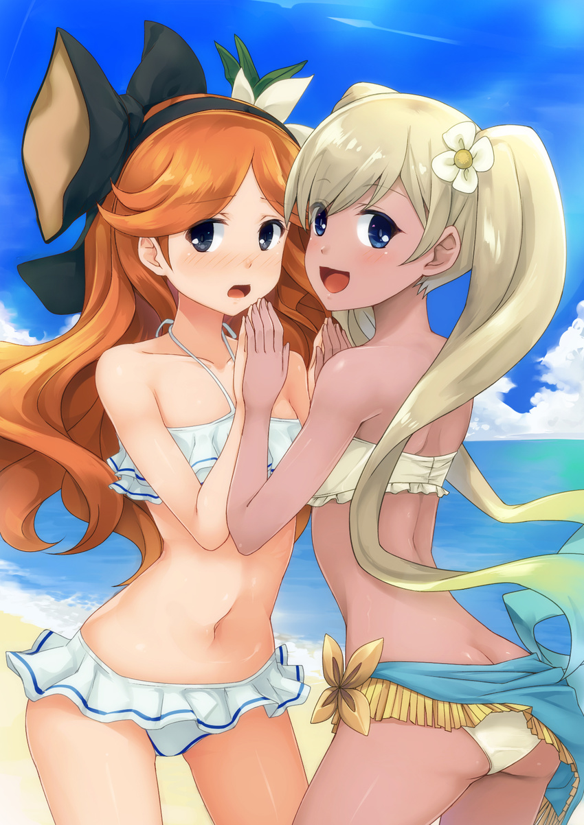 2girls alternate_costume ass beach black_ribbon blonde_hair blue_eyes blush bow cloud cloudy_sky colored_eyelashes commentary_request crop_top dark-skinned_female dark_skin day embarrassed flower frilled_skirt frills from_behind granblue_fantasy hair_between_eyes hair_flower hair_ornament hair_ribbon hairband hairbow halterneck highres io_(granblue_fantasy) long_hair looking_at_viewer multiple_girls navel ocean open_mouth orange_hair outdoors own_hands_clasped own_hands_together photoshop_(medium) ribbon sara_(granblue_fantasy) sarong skirt sky sorano_(12gou) stomach thighs twintails wavy_hair wavy_mouth