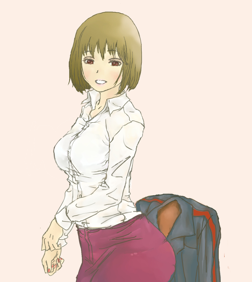 arashiyama_unit ayatsuji_haruka bangs blunt_bangs breasts brown_eyes brown_hair female high_resolution highres jacket juju_(pixiv4563634) large_breasts nail_polish polo_shirt short_hair skirt smile solo undressing world_trigger