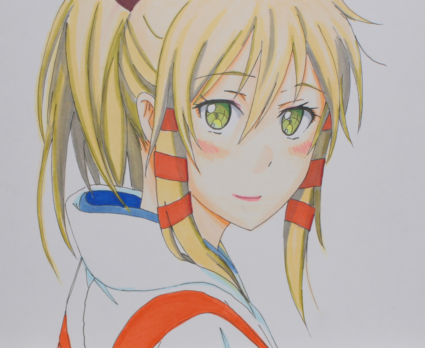 blonde_hair blush commentary_request female hair_ribbon highres inari_konkon_koi_iroha. japanese_clothes lips long_hair marker_(medium) miko millipen_(medium) ponytail portrait potekite ribbon traditional_media tress_ribbon uka-no-mitama-no-kami_(inakon) yellow_eyes