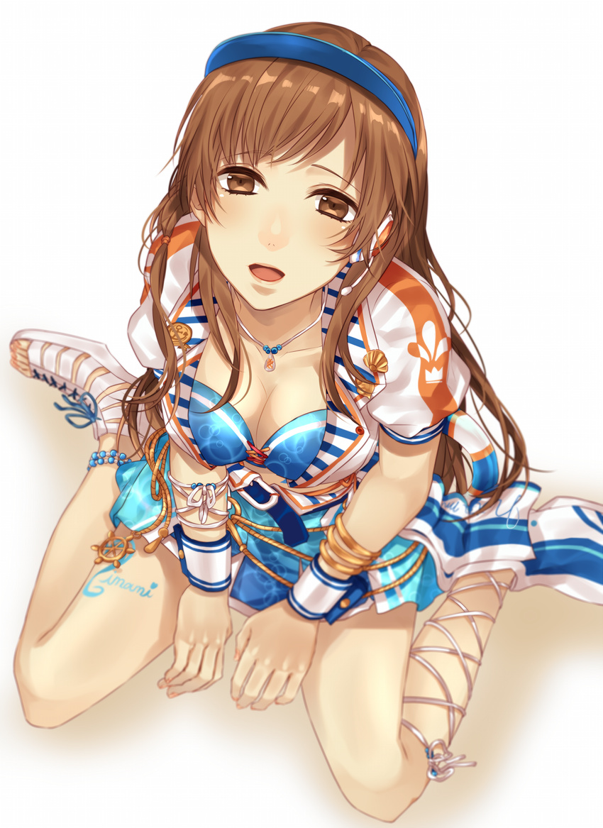 blurry breasts brown_eyes brown_hair cleavage depth_of_field female from_above highres idolmaster idolmaster_cinderella_girls idolmaster_cinderella_girls_starlight_stage jewelry long_hair looking_up medium_breasts mizuki_hau necklace nitta_minami open_mouth sitting solo visor_cap wariza