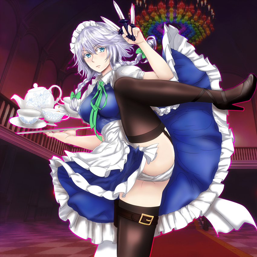 absurdres apron aura between_fingers black_footwear black_thighhighs blue_dress blue_eyes blush bow braid breasts carpet chandelier colored_eyelashes commentary_request cup dagger dark derivative_work dress female floating garter_straps grey_hair hairbow high_heels highres holding holding_knife indoors izayoi_sakuya knife large_breasts leg_lift leg_up levitation looking_at_viewer maid maid_apron maid_headdress panties pantyshot playn puffy_short_sleeves puffy_sleeves ribbon saucer shirt shoes short_dress short_hair short_sleeves solo spread_legs standing standing_on_one_leg tea teacup teapot thigh_strap thighhighs tile_floor tiles tk31 touhou tray twin_braids underwear upskirt weapon weapon_in_garters white_panties white_shirt white_thighhighs