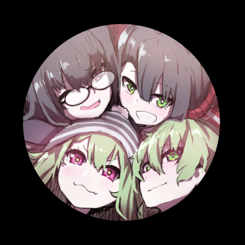 4girls :3 absurdres bad_id bad_twitter_id beanie black-framed_eyewear black_background black_hair closed_mouth commentary glasses green_eyes green_hair grin hair_between_eyes hat highres jacket looking_at_viewer multiple_girls open_mouth original purple_eyes red_jacket round_image siblings sisters smile star-shaped_pupils star_(symbol) striped_clothes striped_headwear symbol-shaped_pupils track_jacket v-shaped_eyebrows wada_kazu wada_kazu_(character) wada_kazuko wada_nagomi wada_nodoka wavy_mouth