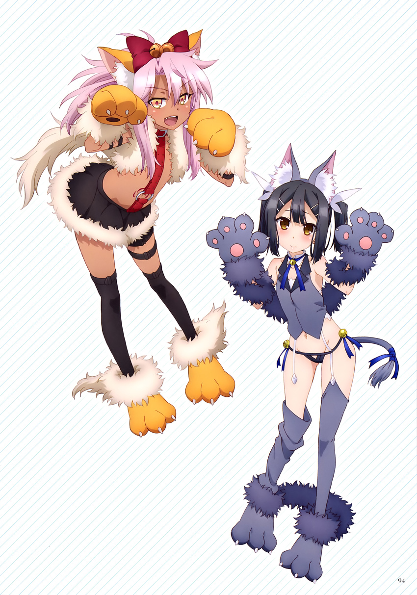 2girls 3: :d absurdres animal_ears animal_hands arm_strap artbook artist_request ass_visible_through_thighs bare_shoulders bell black_hair black_legwear black_panties blush bow breasts brown_eyes chloe_von_einzbern chloe_von_einzbern_(beast_style) closed_mouth dark-skinned_female dark_skin detached_collar fate/kaleid_liner_prisma_illya fate_(series) full_body fur_trim garter_straps gloves grey_legwear hair_between_eyes hair_ornament hairbow hairclip highres jingle_bell leaning_forward loose_thighhigh midriff miyu_edelfelt miyu_edelfelt_(beast_style) multiple_girls navel o-ring official_art open_mouth page_number panties paw_gloves pink_hair ribbon scan shirt sidelocks simple_background skirt sleeveless sleeveless_shirt small_breasts smile standing strap tail tail_ornament tail_ribbon tattoo thigh_strap thighhighs twintails underwear v-shaped_eyebrows yellow_eyes