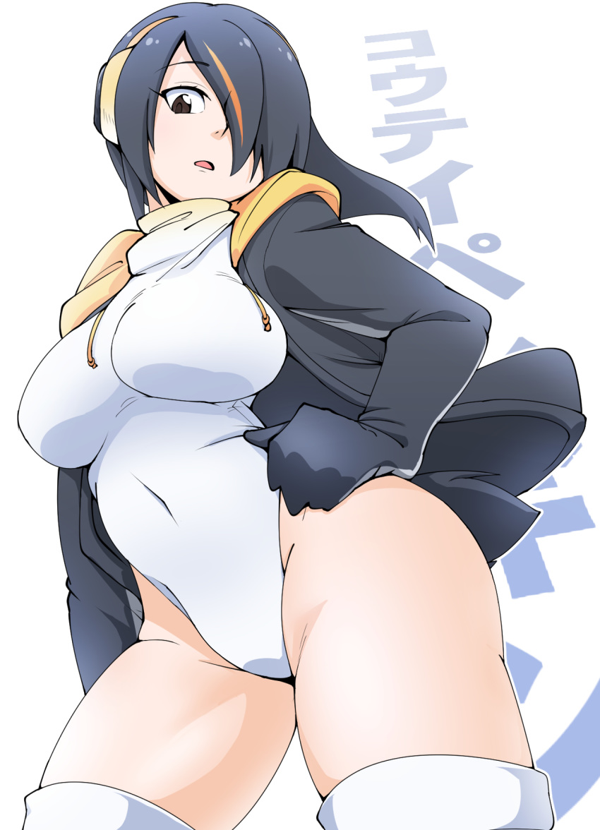 black_hair black_jacket breasts brown_eyes commentary_request covered_navel drawstring emperor_penguin_(kemono_friends) female from_below hair_over_one_eye headphones highleg highleg_leotard highres hood hoodie jacket kagura_roku kemono_friends large_breasts leotard long_hair looking_at_viewer multicolored_hair open_clothes open_hoodie solo streaked_hair thighhighs white_background white_leotard white_thighhighs