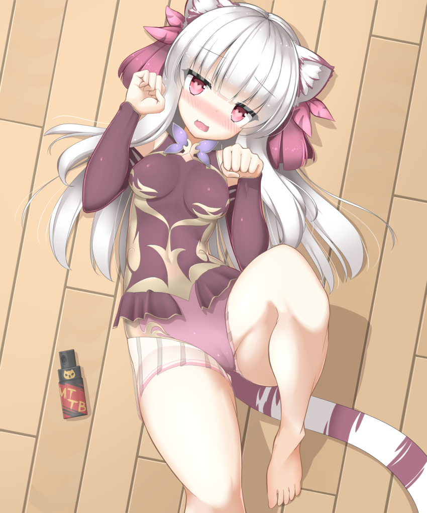 animal_ears bare_legs bare_shoulders barefoot blunt_bangs blush bottle breasts cameltoe chinese_clothes commentary_request covered_navel detached_sleeves drooling female floor from_above haku_(p&d) heart heart-shaped_pupils highres impossible_clothes leotard lilium0235 long_hair looking_at_viewer lying matatabi_(flower) multicolored_hair oerba_yun_fang on_back open_mouth paw_pose pet_play puzzle_&_dragons red_eyes red_hair skin_tight solo spray_bottle symbol-shaped_pupils tail thighs tiger_tail two-tone_hair white_hair wooden_floor