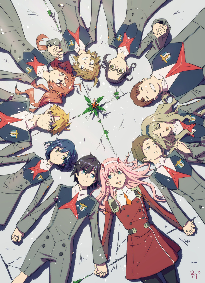 5boys 5girls absurdres ahoge black_hair black_pantyhose blonde_hair blue_eyes blue_hair blue_hairband brown_eyes brown_hair circle_formation closed_eyes commentary_request couple darling_in_the_franxx fangs flower futoshi_(darling_in_the_franxx) glasses gorou_(darling_in_the_franxx) green_eyes hair_ornament hairband hairclip high_ponytail highres hiro_(darling_in_the_franxx) holding_hands horns ichigo_(darling_in_the_franxx) ikuno_(darling_in_the_franxx) interlocked_fingers kokoro_(darling_in_the_franxx) light_brown_hair long_hair long_sleeves looking_at_another lying miku_(darling_in_the_franxx) military military_uniform mitsuru_(darling_in_the_franxx) multiple_boys multiple_girls necktie odd_one_out on_back oni_horns orange_necktie pantyhose petals pink_hair ponytail purple_hair red_hair red_horns ryochindempa short_hair straight thick_eyebrows twintails uniform white_hairband yellow_eyes zero_two_(darling_in_the_franxx) zorome_(darling_in_the_franxx)