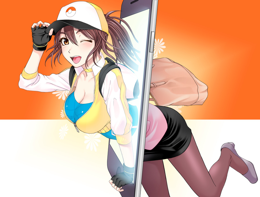 ;d adjusting_clothes adjusting_headwear arm_support backpack bag baseball_cap black_gloves black_hair black_skirt blue_eyes blush breasts brown_eyes brown_hair brown_pantyhose cellphone choker cleavage commentary_request cropped_jacket denson female female_protagonist_(pokemon_go) fingerless_gloves from_side gloves grey_footwear hair_between_eyes hat high_heels highres jacket large_breasts leaning_forward long_hair looking_at_viewer one_eye_closed open_mouth pantyhose partially_unzipped pencil_skirt phone pokemon pokemon_go ponytail shoes shoulder_bag simple_background skirt smartphone smile solo strapless through_medium through_screen transforming_clothes tube_top two-tone_background