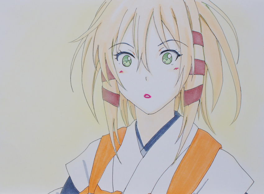 blonde_hair commentary_request female green_eyes hair_ribbon highres inari_konkon_koi_iroha. japanese_clothes lips marker_(medium) miko millipen_(medium) pastel_(medium) potekite ribbon solo traditional_media tress_ribbon uka-no-mitama-no-kami_(inakon)