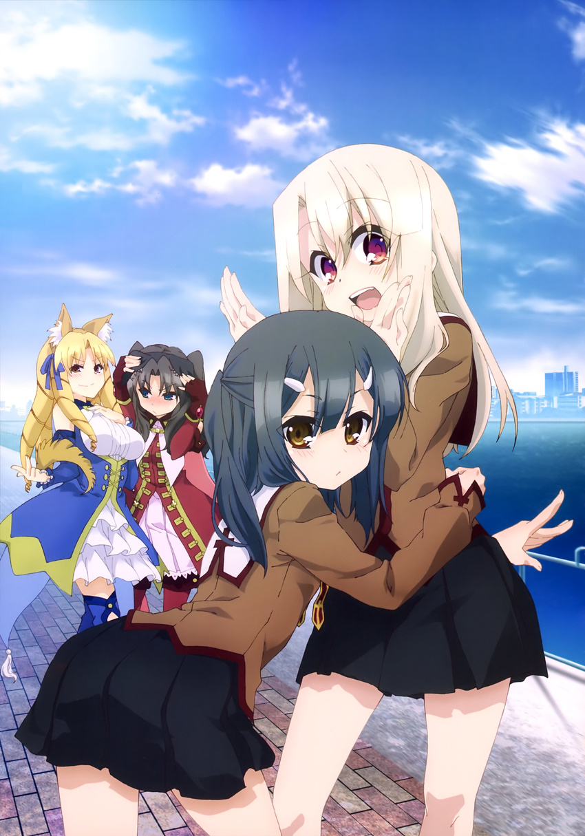 4girls :d absurdres animal_ears artbook black_hair black_skirt blonde_hair blue_eyes blue_ribbon blue_thighhighs breasts brown_eyes brown_jacket cloud cloudy_sky day detached_sleeves drill_hair fate/kaleid_liner_prisma_illya fate_(series) fox_ears hair_between_eyes hair_ornament hair_ribbon hairclip highres homurahara_academy_school_uniform illyasviel_von_einzbern jacket kaleido_ruby kaleido_sapphire large_breasts leaning_forward long_hair luviagelita_edelfelt miniskirt miyu_edelfelt multiple_girls official_art open_mouth outdoors pleated_skirt red_eyes ribbon scan school_uniform skirt sky smile standing thighhighs tohsaka_rin white_hair