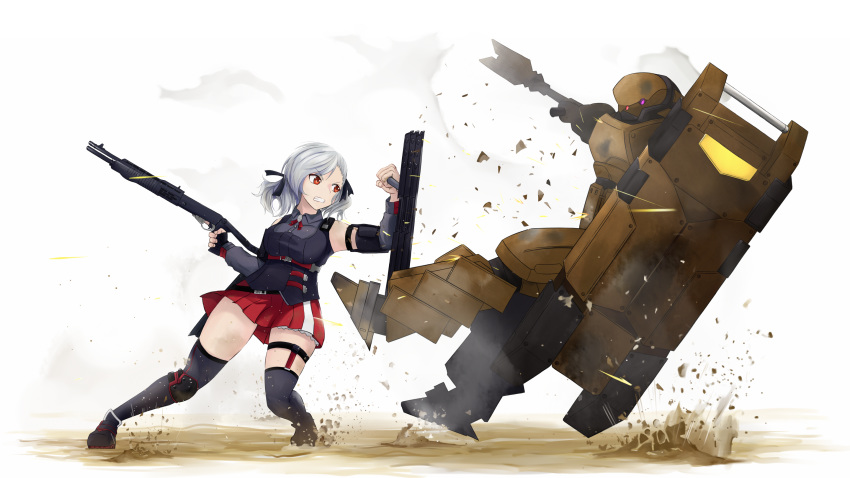 1other aegis_(girls'_frontline) attack ballistic_shield commentary commission english_commentary falling female girls'_frontline gun hakugin006 highres pump_action pushing_away robot sangvis_ferri shield shotgun spas-12 spas-12_(girls'_frontline) tonfa weapon white_hair