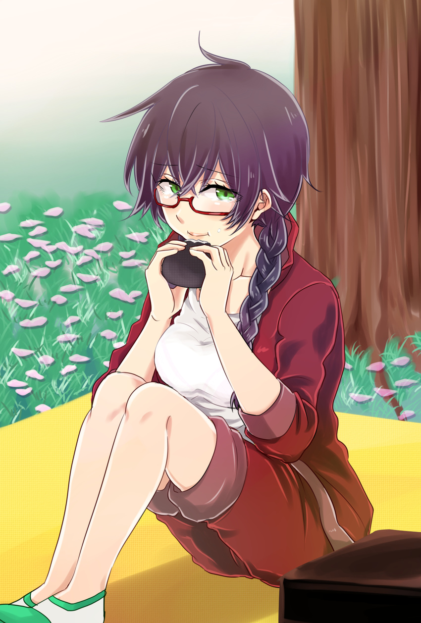 amaama_to_inazuma black_hair braid chiri+ commentary_request eating female glasses green_eyes hair_over_shoulder highres iida_kotori legs_together long_hair looking_at_viewer petals picnic red-framed_eyewear semi-rimless_eyewear single_braid sitting sleeves_rolled_up solo track_suit under-rim_eyewear