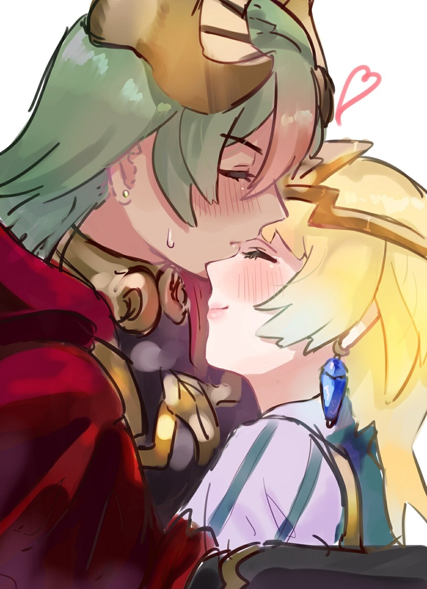 2girls blonde_hair blush check_commentary closed_eyes closed_mouth commentary_request crown dark-skinned_female dark_skin earrings fire_emblem fire_emblem_heroes fjorm_(fire_emblem) from_side green_hair hair_ornament highres jewelry laegjarn_(fire_emblem) multiple_girls sakuramotikun short_hair simple_background smile white_background yuri