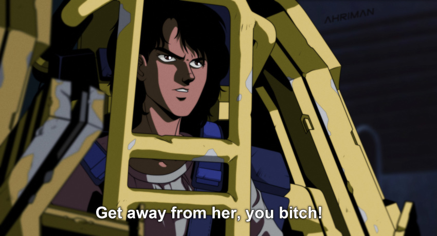 80s ahriman_(artist) aliens angry anime_coloring black_eyes black_hair caption damaged dirty ellen_ripley english exoskeleton fake_screenshot hangar highres long_hair md5_mismatch mecha oldschool power_loader resized science_fiction serious signature spacecraft_interior sulaco upper_body upscaled