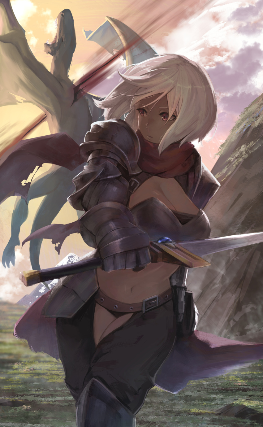 absurdres armor bad_id bad_pixiv_id belt blood breasts cleavage cloud commentary dark-skinned_female dark_skin dragon female gauntlets highres jhc_kai looking_back navel original panties pauldrons red_eyes scarf short_hair shoulder_armor sky solo sword underwear weapon white_hair