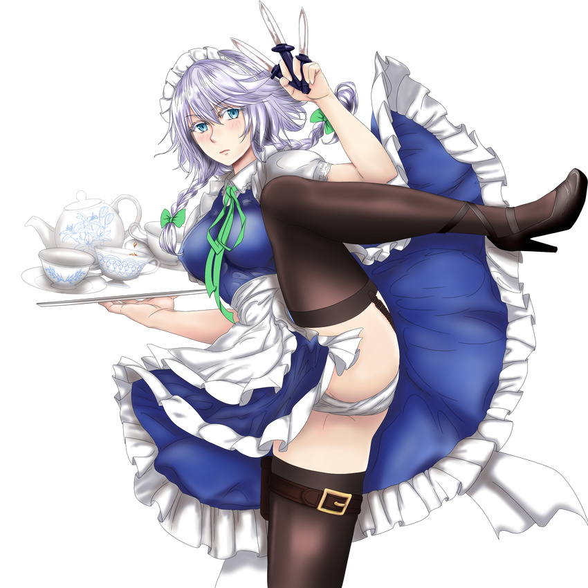 absurdres apron between_fingers black_footwear black_thighhighs blue_dress blue_eyes blush bow braid breasts commentary_request cup dagger derivative_work dress female floating garter_straps grey_hair hairbow high_heels highres holding holding_knife izayoi_sakuya knife large_breasts leg_lift leg_up levitation looking_at_viewer maid maid_apron maid_headdress panties pantyshot playn puffy_short_sleeves puffy_sleeves ribbon saucer shirt shoes short_dress short_hair short_sleeves solo spread_legs standing standing_on_one_leg tea teacup teapot thigh_strap thighhighs tk31 touhou transparent_background tray twin_braids underwear upskirt weapon weapon_in_garters white_panties white_shirt white_thighhighs