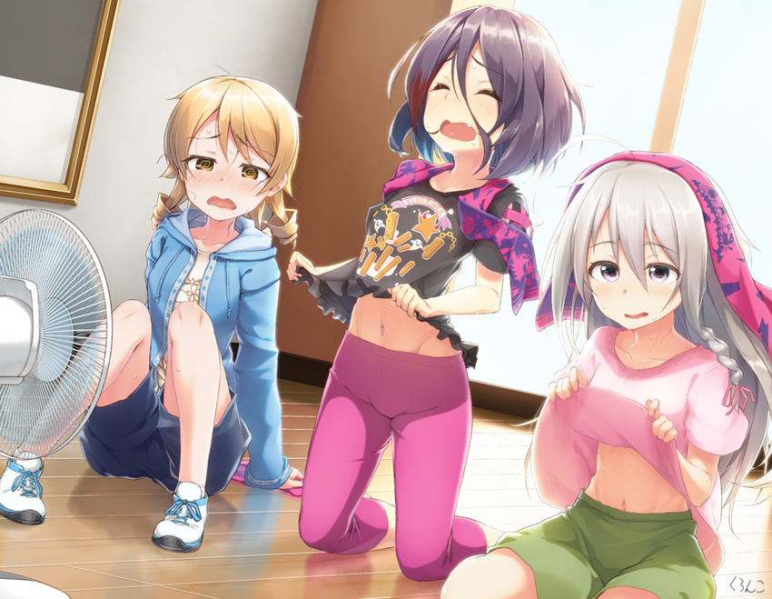 3girls @_@ artist_name black_shirt blonde_hair blue_shorts blush braid closed_eyes clothes_lift collarbone commentary_request dutch_angle electric_fan grey_hair hair_between_eyes hair_ribbon half-closed_eyes hayasaka_mirei hood hoodie hoshi_syoko idolmaster idolmaster_cinderella_girls individuals_(idolmaster) indoors kneeling knees_up kuroneko_shiro morikubo_nono multicolored_hair multiple_girls navel oerba_yun_fang open_clothes open_hoodie open_mouth pants parted_lips pink_ribbon pink_shirt purple_eyes purple_hair red_hair ribbon ringlets shirt shirt_lift shoes short_hair short_sleeves shorts side_braid signature sitting sneakers streaked_hair towel towel_on_head tress_ribbon wavy_mouth yoga_pants