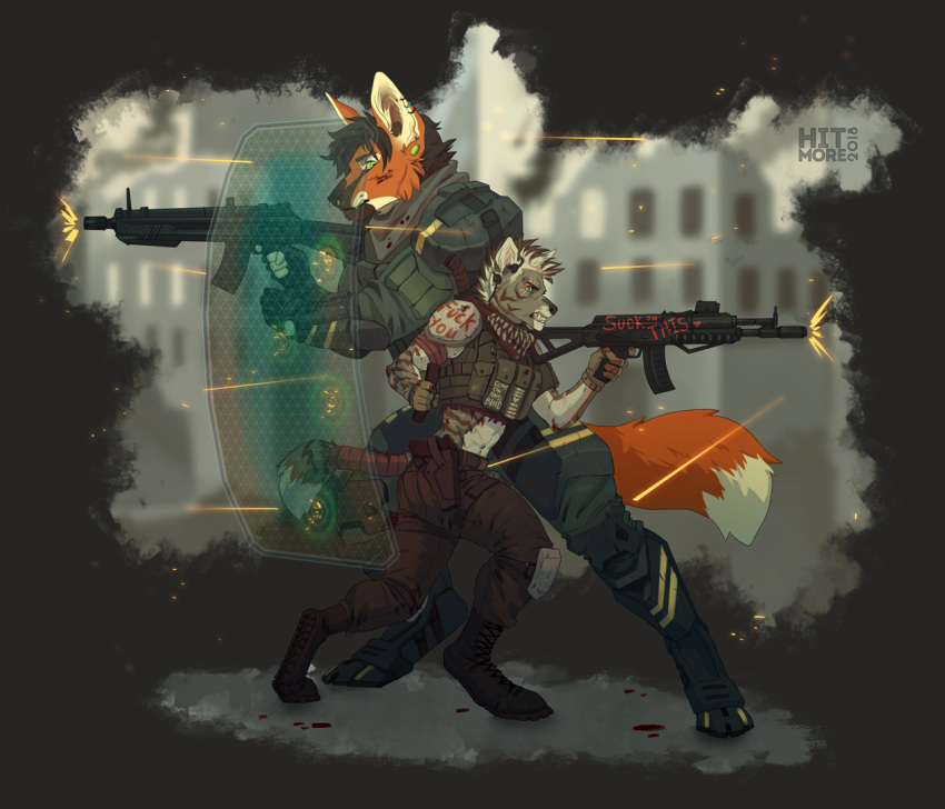 2018 5_fingers advanced_shield anthro assault_rifle black_nose blood bodily_fluids boots bullet canid canine clothed clothing digital_media_(artwork) digitigrade duo ear_piercing energy_shield facial_piercing fingers fog footwear fur gauged_ear green_eyes gun hitmore holding_gun holding_object holding_ranged_weapon holding_weapon hyena male mammal maned_wolf nose_piercing orange_body orange_fur piercing profanity ranged_weapon rifle riot_shield sci-fi_shield shield shoes striped_hyena sybil_(deathhydra) varas weapon