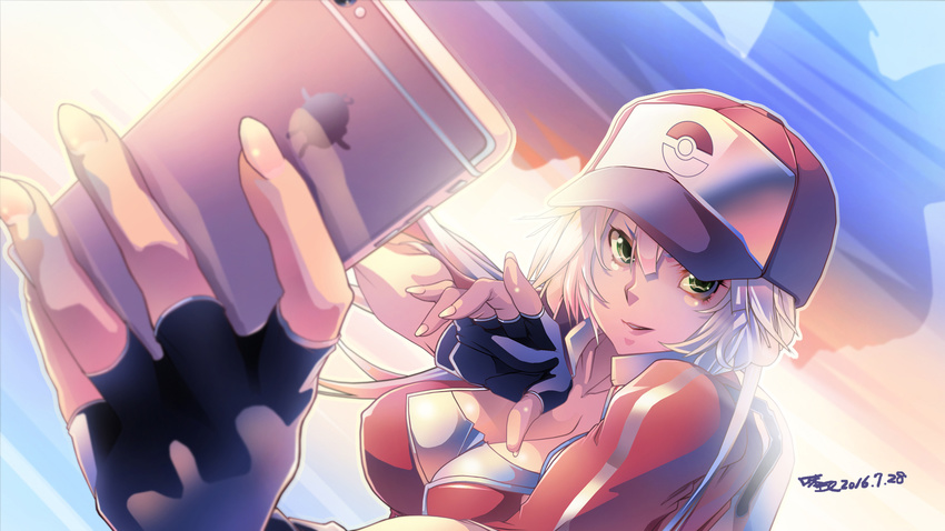 azitama_atsushi_(attyuu) baseball_cap blonde_hair breasts cellphone cleavage commentary_request dated female female_protagonist_(pokemon_go) fingerless_gloves gloves green_eyes hat highres large_breasts phone photoshop_(medium) pokemon pokemon_go smartphone solo