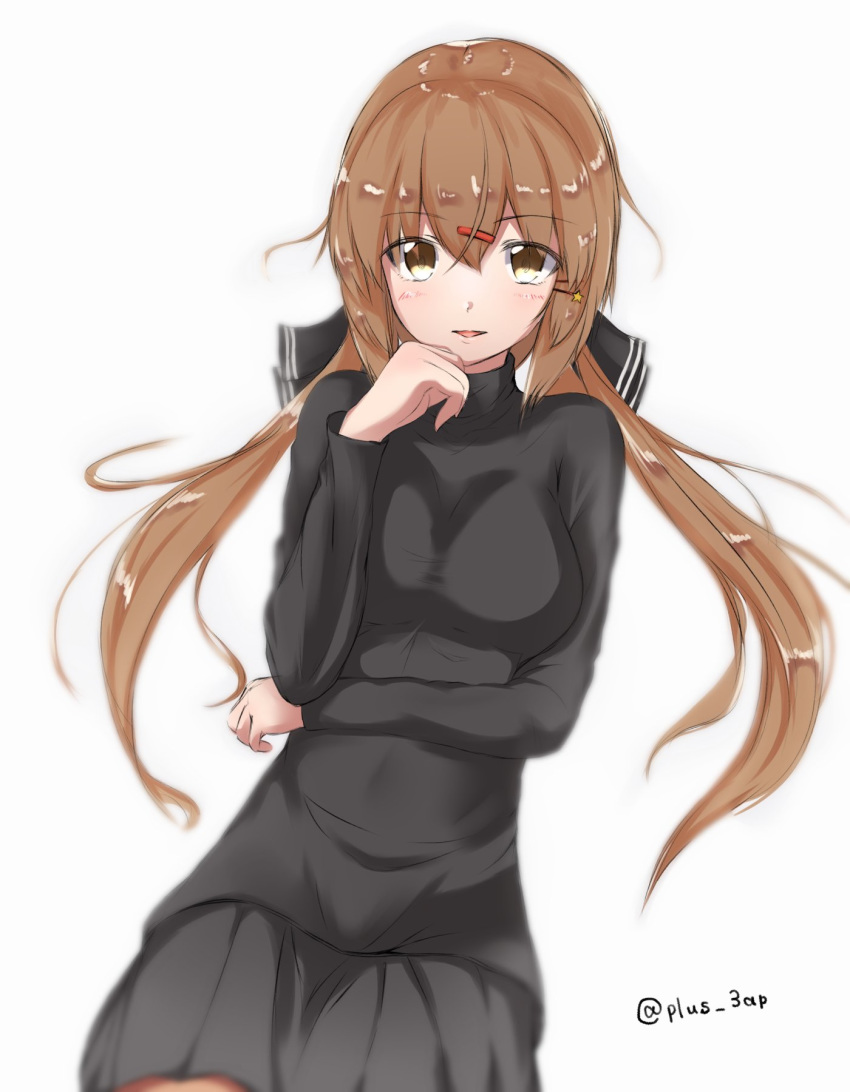 black_bow black_skirt black_sweater blush bow breasts brown_eyes brown_hair brown_legwear commentary female hair_between_eyes hair_ornament hairbow hairclip highres kantai_collection large_breasts long_hair long_sleeves low_twintails one-hour_drawing_challenge open_mouth saplus simple_background skirt solo sweater tashkent_(kancolle) twintails white_background