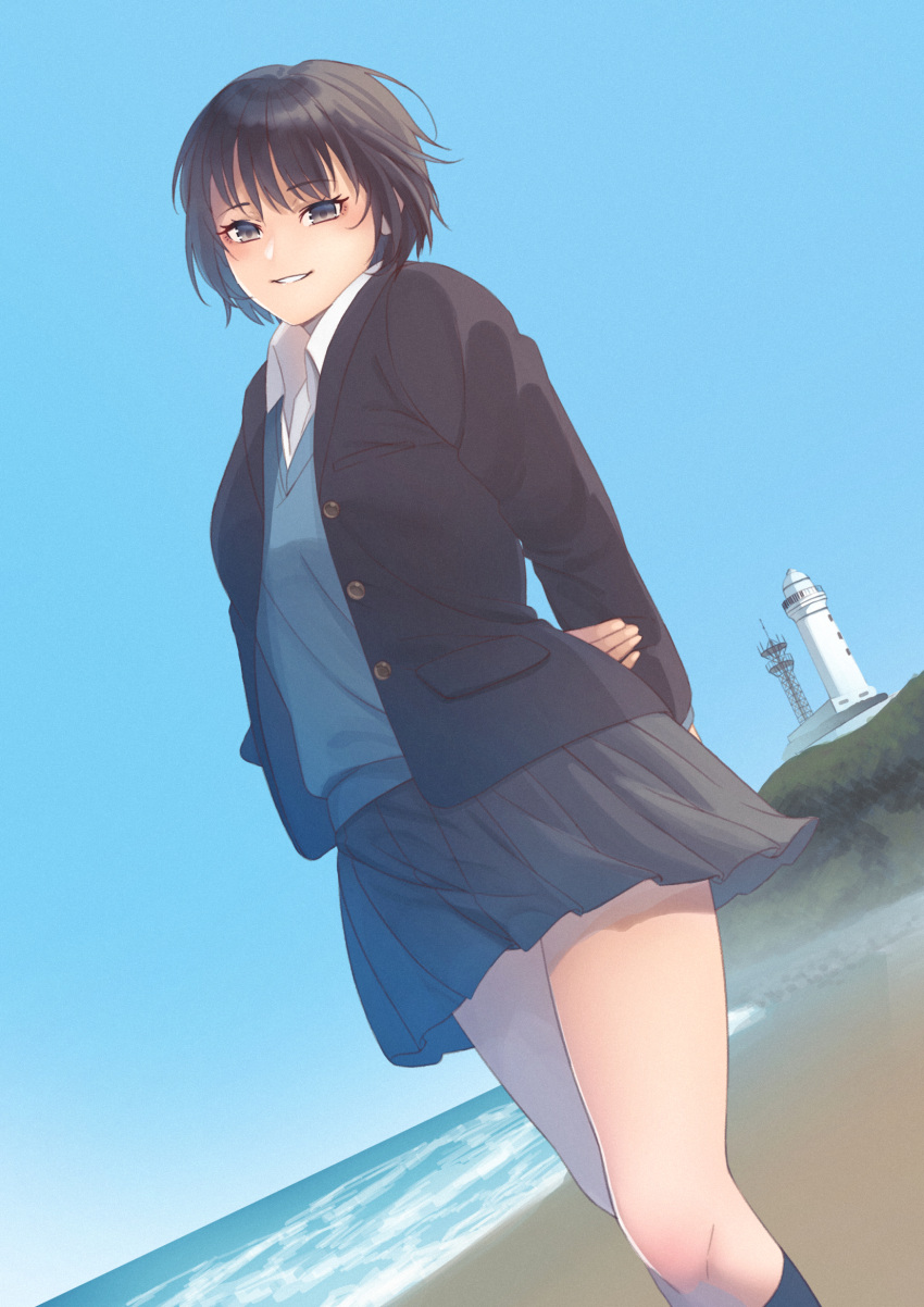 amagami arms_behind_back beach black_eyes black_hair black_jacket blazer blue_cardigan blue_sky bob_cut cardigan cardigan_under_jacket clenched_teeth collared_shirt dutch_angle female from_below grey_skirt highres horizon inubosaki_lighthouse jacket lighthouse long_sleeves looking_at_viewer looking_down miniskirt nanasaki_ai ocean open_clothes open_jacket outdoors pleated_skirt real_world_location ryo_taton shirt short_hair skirt sky smile solo standing teeth thighs white_shirt