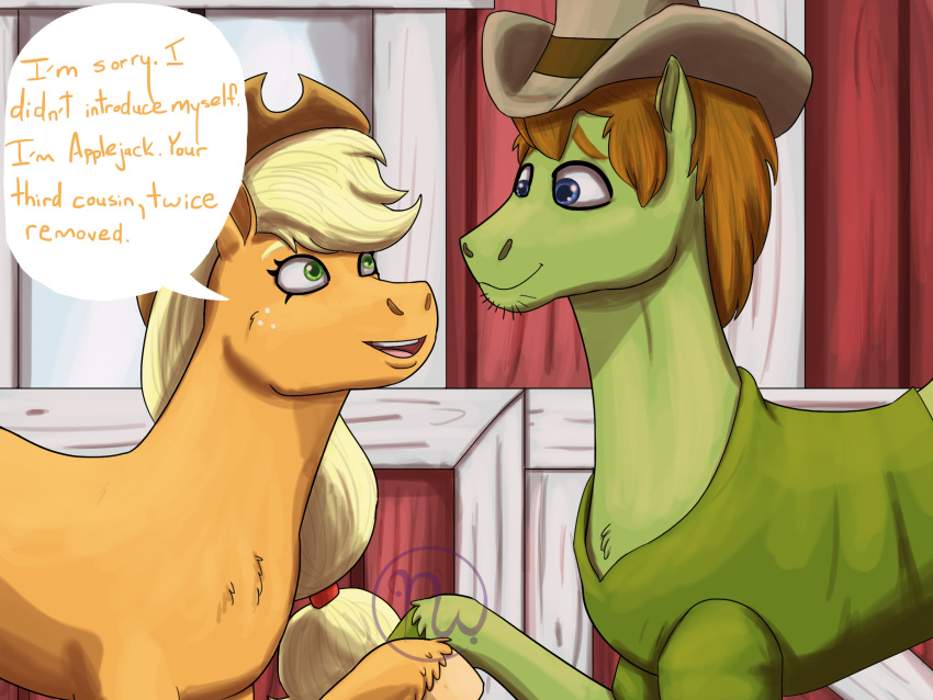 2019 4:3 accessory applejack_(mlp) artist_logo bangs barn blonde_hair blonde_mane blue_eyes brown_clothing brown_hair brown_hat brown_headwear brown_mane chest_tuft clothed clothing cloven_hooves cousins_(lore) cowboy_hat crossover dialogue digital_drawing_(artwork) digital_media_(artwork) duo earth_pony english_text equid equine eye_contact eyebrows eyelashes facial_hair female feral freckles friendship_is_magic fur gesture green_body green_clothing green_eyes green_fur green_hooves green_shirt green_topwear hair hair_accessory hair_tie handshake hanna-barbera hasbro hat headgear headwear hi_res hooves horse inside larger_male logo long_hair long_mane looking_at_another male mammal mane my_little_pony name_in_dialogue open_mouth orange_body orange_fur orange_hooves partially_clothed pink_tongue ponification pony ponytail scooby-doo_(series) shaggy_rogers shirt short_hair short_mane size_difference skywater smaller_female smile smiling_at_each_other speech_bubble stubble talking_to_another teeth text tongue topwear tuft wall_(structure)