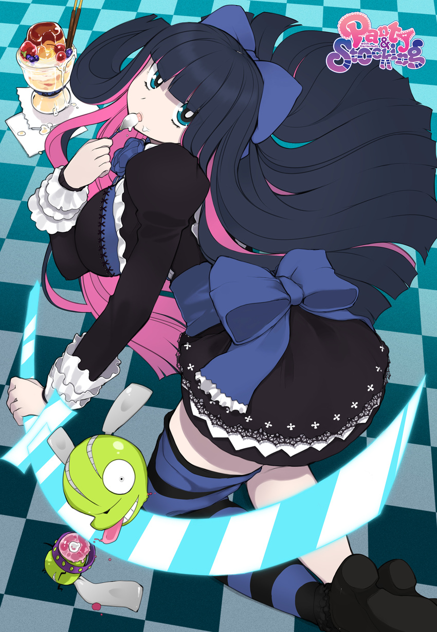 blue_eyes blue_hair bow chuck_(psg) colored_inner_hair commentary_request decapitation dress female food gothic_lolita hairbow highres ice_cream lolita_fashion long_hair mukoujima_tenro multicolored_hair panty_&_stocking_with_garterbelt photoshop_(medium) single_thighhigh stocking_(psg) striped_clothes striped_thighhighs thighhighs