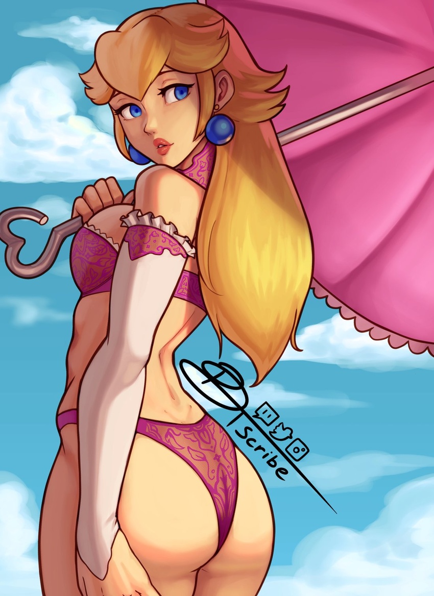 ass blonde_hair blue_eyes dtscribe earrings elbow_gloves female gloves highres jewelry long_hair looking_at_viewer mario_(series) princess_peach solo sphere_earrings umbrella underwear