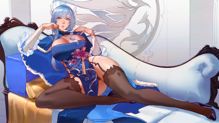 black_panties black_thighhighs blue_cape blue_eyes blue_hair breasts cape chinese_clothes cleavage cleavage_cutout clothing_cutout commentary couch dangodes english_commentary female full_body fur_trim garter_belt garter_straps hair_ornament hand_fan hand_on_own_cheek hand_on_own_face high_heels highres large_breasts legs long_bangs long_hair lying on_side original panties pantyshot paper_fan parted_lips solo starsector thighhighs underwear