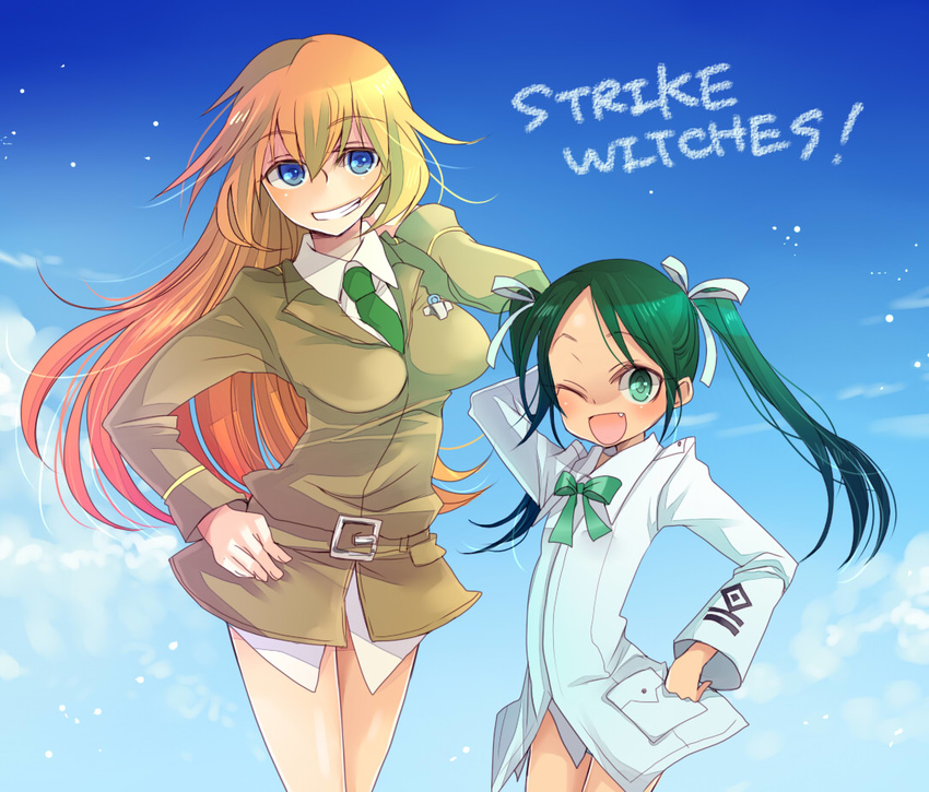 2girls bad_id bad_pixiv_id blonde_hair blue_eyes charlotte_e._yeager francesca_lucchini green_eyes hiyo_(hinauf) long_hair military military_uniform multiple_girls no_pants one_eye_closed strike_witches twintails uniform world_witches_series