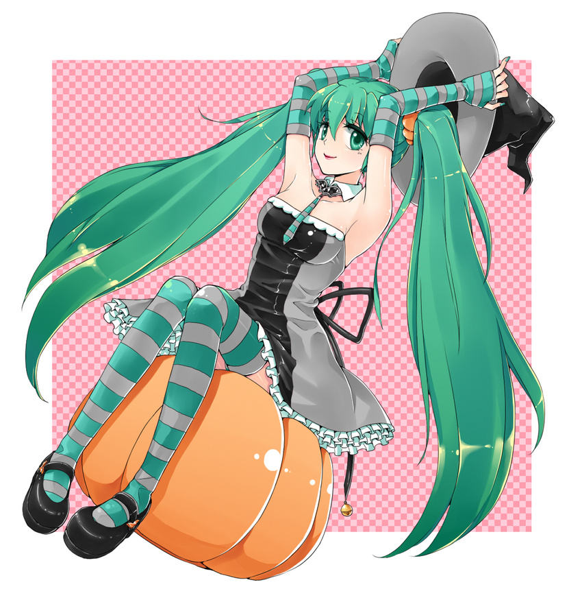 armpits bad_id bad_pixiv_id dress elbow_gloves eloosia female fingerless_gloves gloves green_eyes green_hair halloween hat hatsune_miku highres lipstick long_hair makeup mary_janes necktie pumpkin shoes sitting solo striped_clothes striped_gloves striped_thighhighs thighhighs twintails very_long_hair vocaloid witch_hat