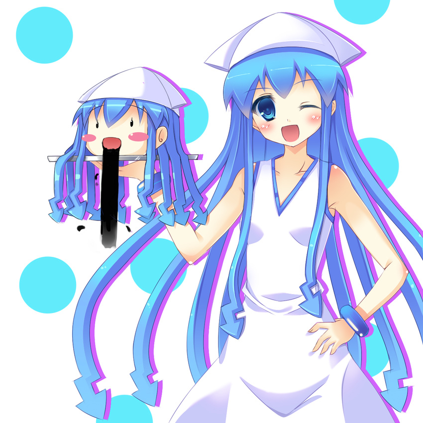 bad_id bad_pixiv_id blue_eyes blue_hair blush bracelet ebicha female hat highres ikamusume ink jewelry long_hair one_eye_closed photoshop_(medium) shinryaku!_ikamusume solo tentacle tentacle_hair