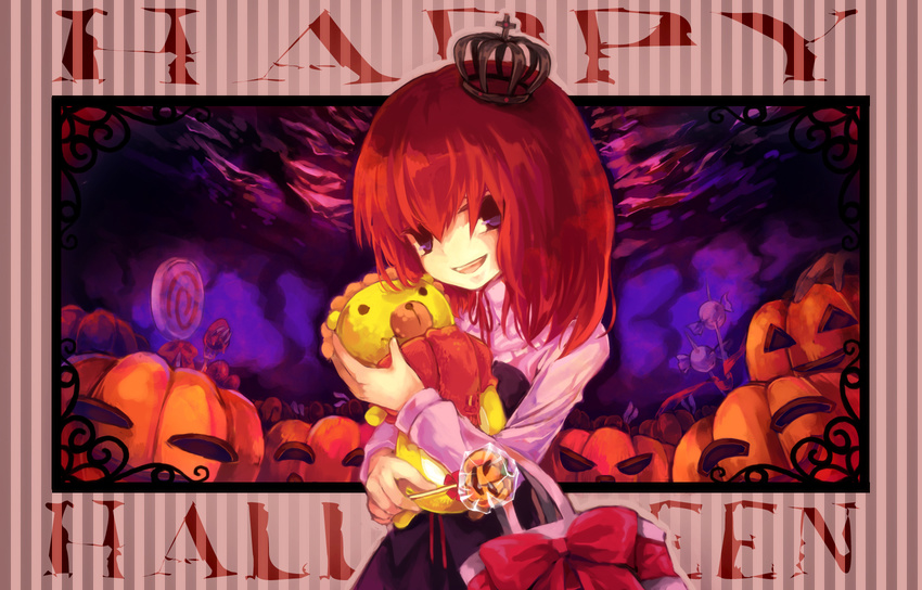 bad_id bad_pixiv_id blue_eyes bow candy crown dress female food halloween happy_halloween highres jack-o'-lantern kazi lollipop orange_hair pumpkin sakutarou_(umineko) shaped_lollipop solo swirl_lollipop umineko_no_naku_koro_ni ushiromiya_maria