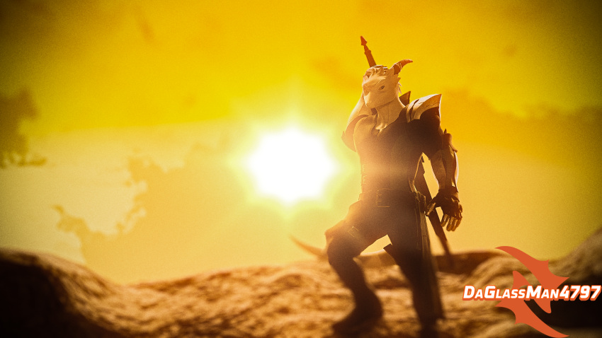 16:9 3d_(artwork) anthro aquarius_(petruz) armor blender_(artwork) daglassman4797 digital_media_(artwork) hi_res horn humanoid lens_flare lizard looking_away male reptile scalie solo sun sunset watermark widescreen