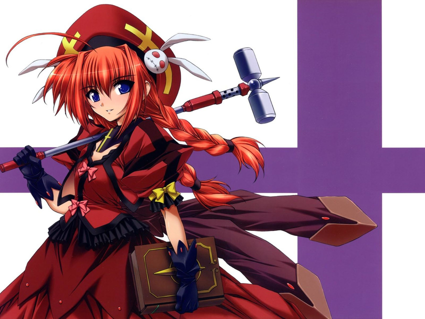 blue_eyes book braid cropped_jacket female gloves graf_eisen hammer highres jacket long_skirt lyrical_nanoha magical_girl mahou_shoujo_lyrical_nanoha mahou_shoujo_lyrical_nanoha_a's open_clothes open_jacket red_hair skirt solo tome_of_the_night_sky twin_braids vita_(nanoha) yatsushima_tetsuya